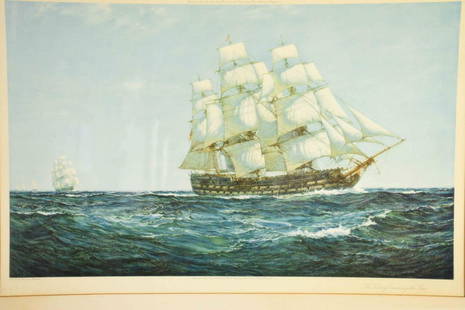 MONTAGUE DAWSON LITHOGRAPH, ''The Victory Searching the: MONTAGUE DAWSON LITHOGRAPH, ''The Victory Searching the Seas'' published by Frost and Reed 1926, framed under glass. 15.25''H x 24.75''W. Frame: 24.50''H x 33.50''W.