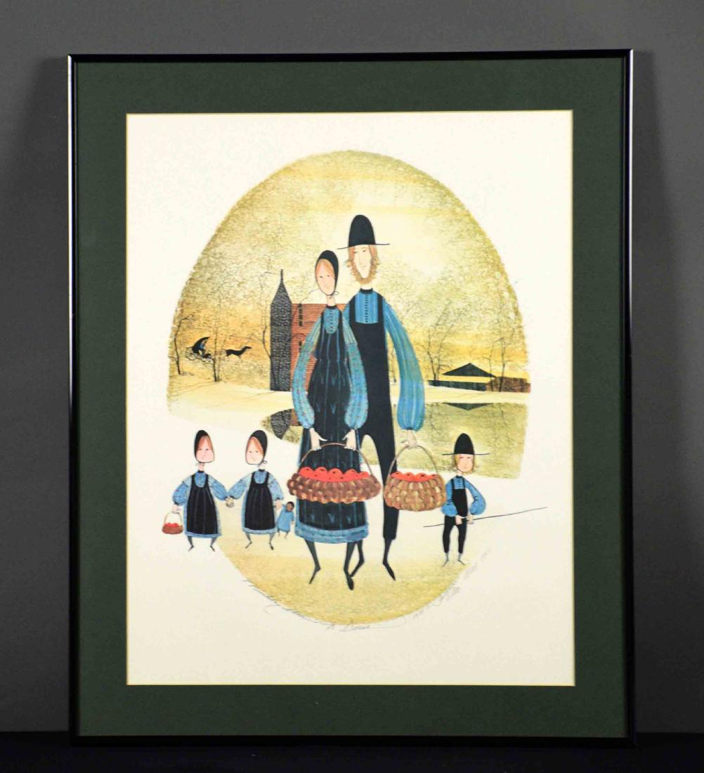 AMISH FAMILY PRINT, indistinctly pencil signed, 930 of: AMISH FAMILY PRINT, indistinctly pencil signed, 930 of 1000. Image: 20''H x 15.5''W. Frame: 24''H x 20''W.