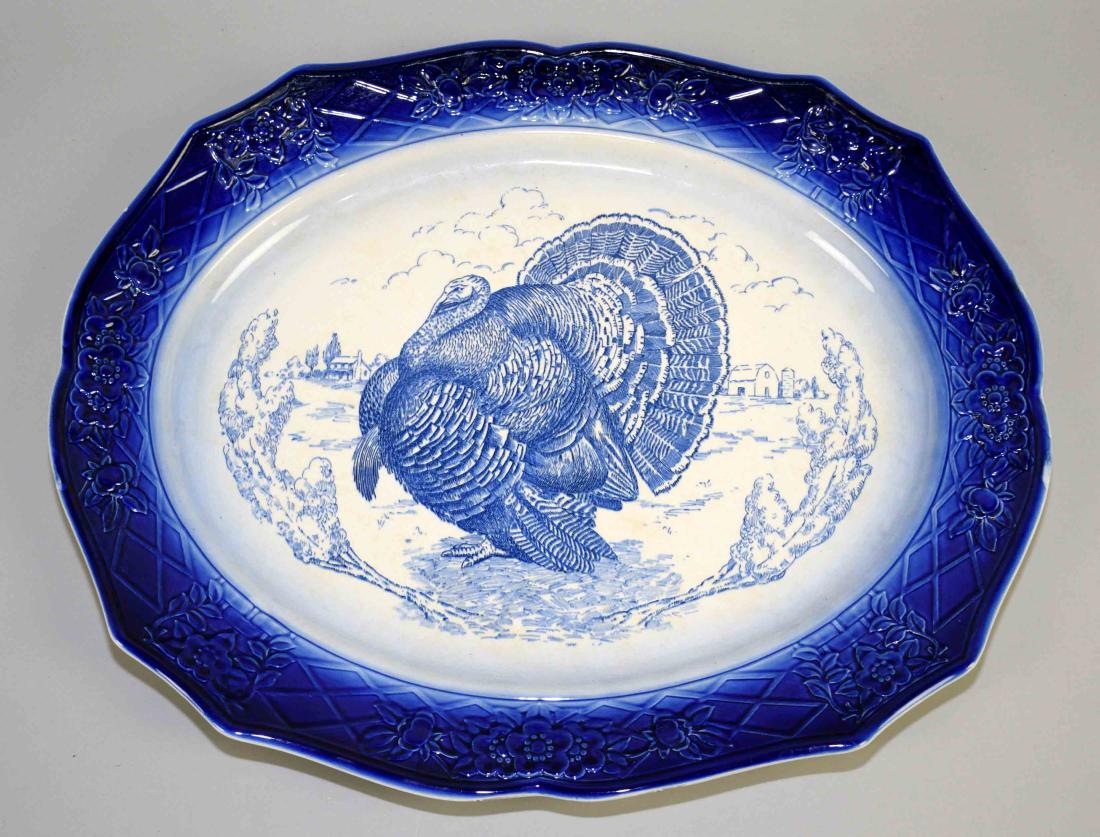 LARGE UNDERGLAZE TURKEY PLATTER #22. Made by The Salem: LARGE UNDERGLAZE TURKEY PLATTER #22. Made by The Salem China Co. in blue and white transferware. 18.50''H x 22.25''W.