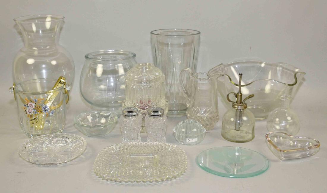 (15+) PIECES LOT OF DECORATIVE, VINTAGE AND CUT GLASS.: (15+) PIECES LOT OF DECORATIVE, VINTAGE AND CUT GLASS. Includes vases, bowls, flower frog, candle lamp, icebucket and more.