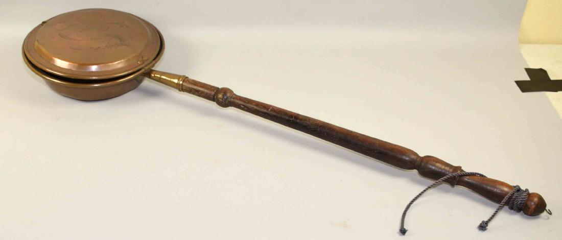 ANTIQUE BED WARMER with engraved stylized bird (1 of 3)