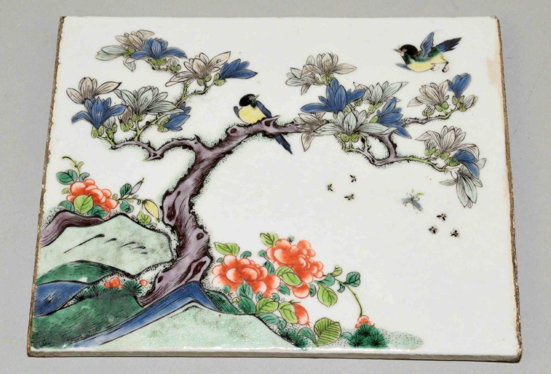 CHINESE PORCELAIN HANDPAINTED TILE, w/birds and (1 of 2)