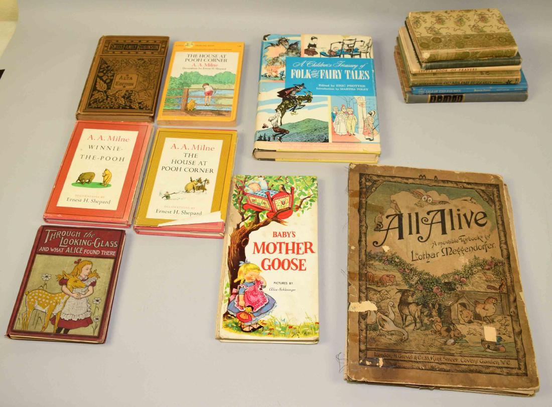 COLLECTION OF CHILDREN'S BOOKS. Including ''The House: COLLECTION OF CHILDREN'S BOOKS. Including ''The House at Pooh Corner'' by A.A. Milne, ''Winnie-the-Pooh'' by A.A. Milne, ''Alice in Wonderland'' by Lewis Carroll, ''Swiss Family Robinson'', ''The Tale