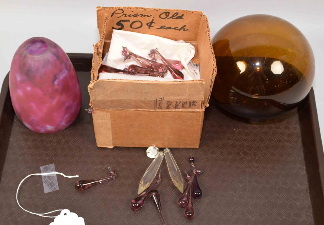 LARGE COLLECTION OF ASST. ANTIQUE PRISMS. Blown glass: LARGE COLLECTION OF ASST. ANTIQUE PRISMS. Blown glass orb and lamp shade engraved Daum Nancy. Largest: 6''H.