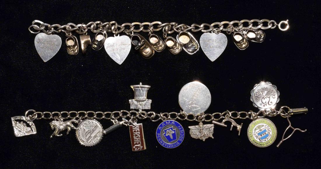 (2) ASST. VINTAGE STERLING SINGLE LOOP CHARM BRACELETS,: (2) ASST. VINTAGE STERLING SINGLE LOOP CHARM BRACELETS, each w/(12) charms. Includes an ''automade'' 1950s sterling w/baby shoes and an unmarked silver medical theme. Total weight 2.1 ozt.