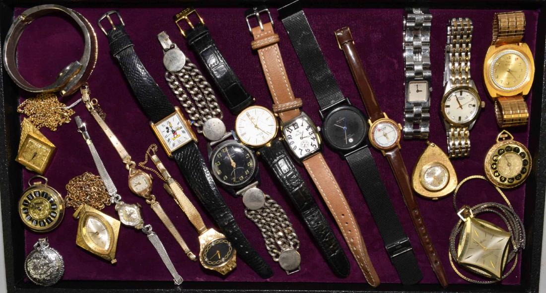 LOT OF (20+) ASST. SWISS WRIST, OPEN POCKET AND PENDANT: LOT OF (20+) ASST. SWISS WRIST, OPEN POCKET AND PENDANT WATCHES IN GOLD AND SILVER TONES. Variety includes: Mickey Mouse, Lucian Piccard, Brizo, Jean Perret, Lucerne, Hamlin, Bulova and more.