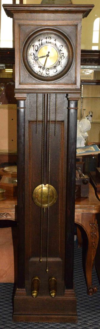 VINTAGE OAK GRANDFATHER CLOCK WITH TWO WEIGHTS. (1 of 7)