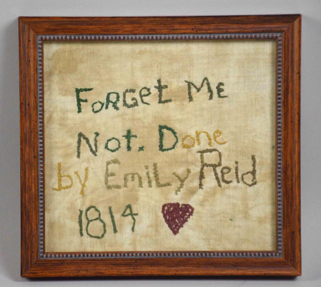 Needlework, ''Forget Me Not. Done by Emily Reid 1814''.: Needlework, ''Forget Me Not. Done by Emily Reid 1814''. 4.5''H x 5''W.