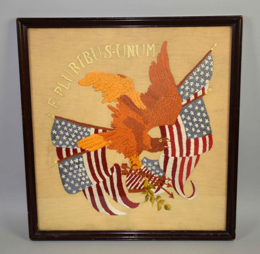 CENTENNIAL NEEDLEPOINT with eagle and flags inscribed: CENTENNIAL NEEDLEPOINT with eagle and flags inscribed ''E Pluribus Unum''. Condition: good, no issues noted. 18.50''H x 17.50''W.