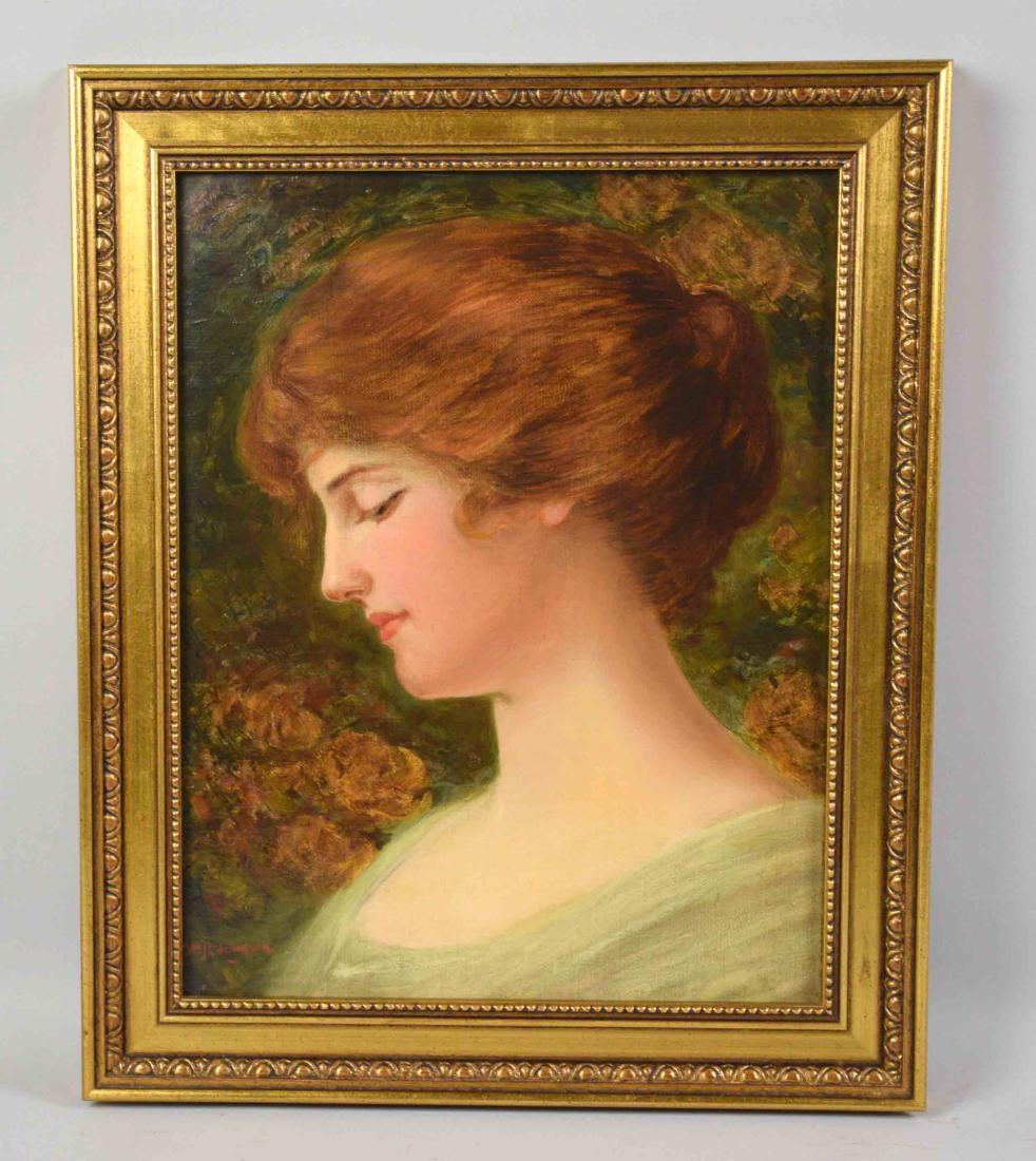 WILLIAM EDMONSON (American 1868-1966) OIL ON CANVAS.: WILLIAM EDMONSON (American 1868-1966) OIL ON CANVAS. Portrait of young woman. Image: 13.5''H x 10.5''W.