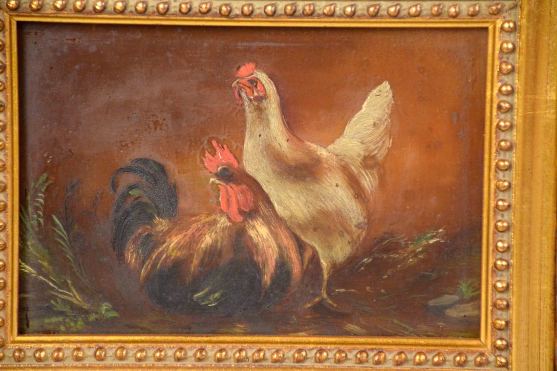 CHICKENS PAINTING ON BOARD. Unsigned. Image: 4''H x (1 of 3)
