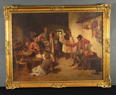 KALMAN KOLOMAN DERI (DERY) OIL ON CANVAS.: KALMAN KOLOMAN DERI (DERY) OIL ON CANVAS. Hungarian/German was born in 1859 in Bacs, Hungary. Deri was a genre and still life painter in Munich. Painting titled, ''Interior of an Inn'' (Az Obsitos). S