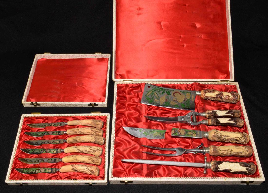 ANTON WINGEN JR. Solingen, Germany. High quality: ANTON WINGEN JR. Solingen, Germany. High quality carved antler and bone handled carving and knife cutlery sets. (11) pieces total with large knife blade broken. (2) cases.