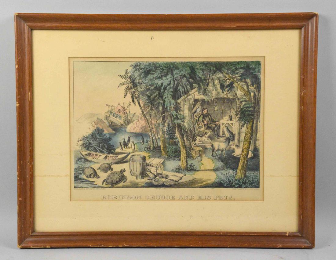 CURRIER AND IVES PRINT - ''Robinson Crusoe and his: CURRIER AND IVES PRINT - ''Robinson Crusoe and his Pets''. Image: 9.5''H x 13''W. Frame: 15.5''H x 20''W.
