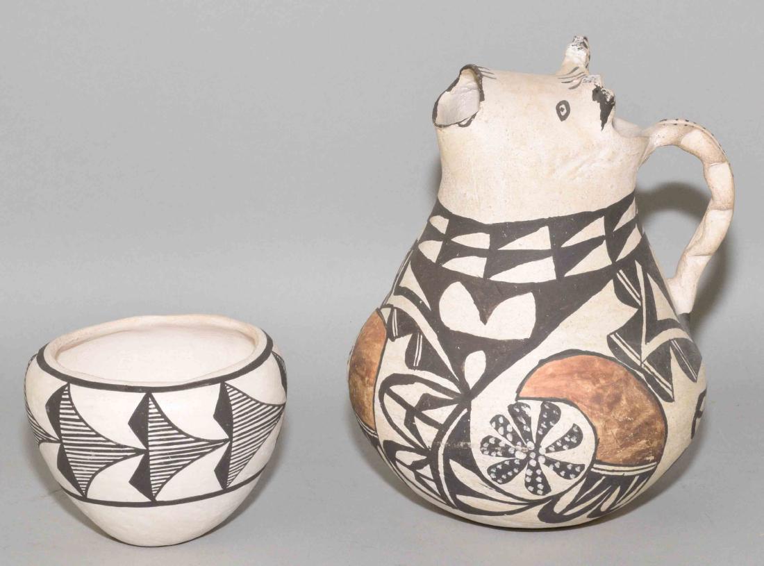 ACOMA POTTERY PITCHER. 8''H and bowl signed E.H. 3''H. (1 of 6)