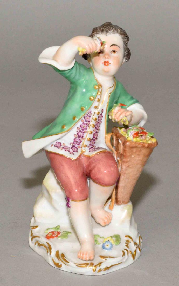 MEISSEN FIGURINE OF BOY WITH BASKET OF FLOWERS. Crossed (1 of 5)