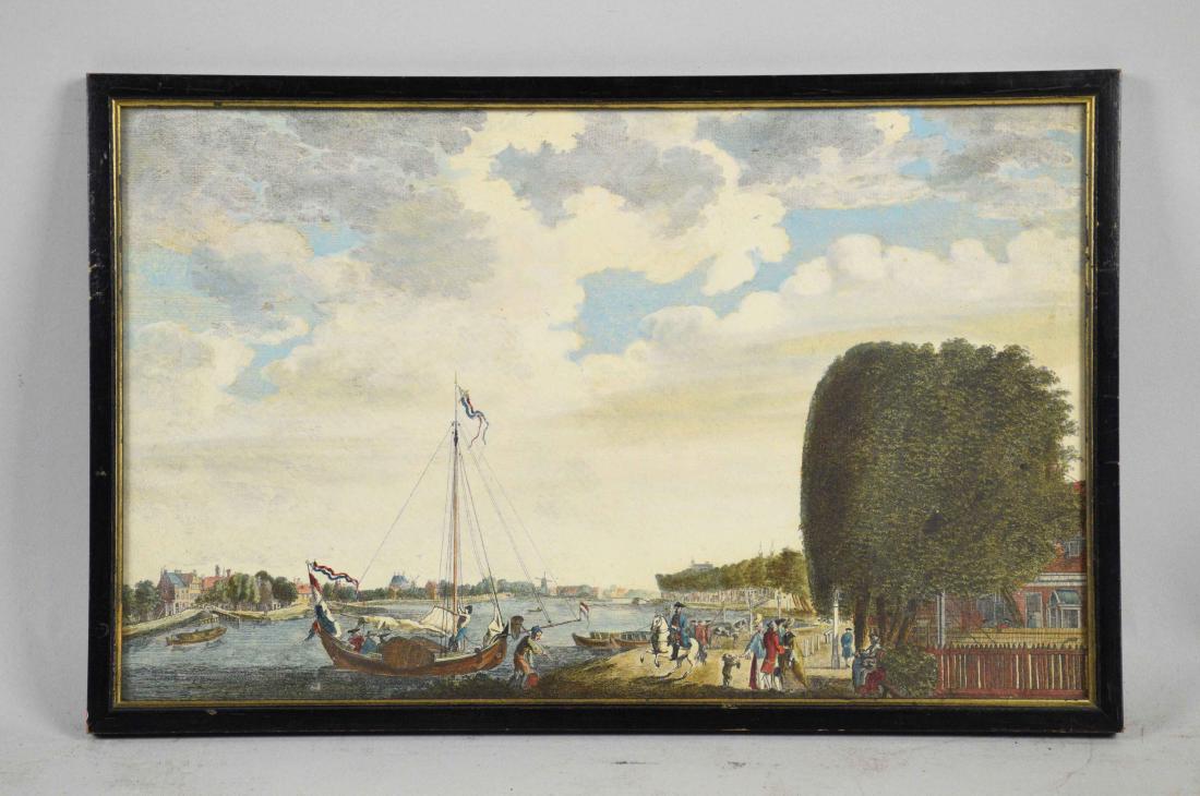 PIERRE FOUQUET, JR. (1729-1800). Amsterdam Harbor: PIERRE FOUQUET, JR. (1729-1800). Amsterdam Harbor Scene. Hand-colored engraving. 9 1/4 x 15 in.