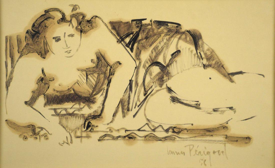 JAMES PERIGORD (20TH CENTURY). Reclining Nude. Signed: JAMES PERIGORD (20TH CENTURY). Reclining Nude. Signed and dated 'James Perigord 52' (lower right). Ink on paper. 12 x 19 in. Executed in 1952.