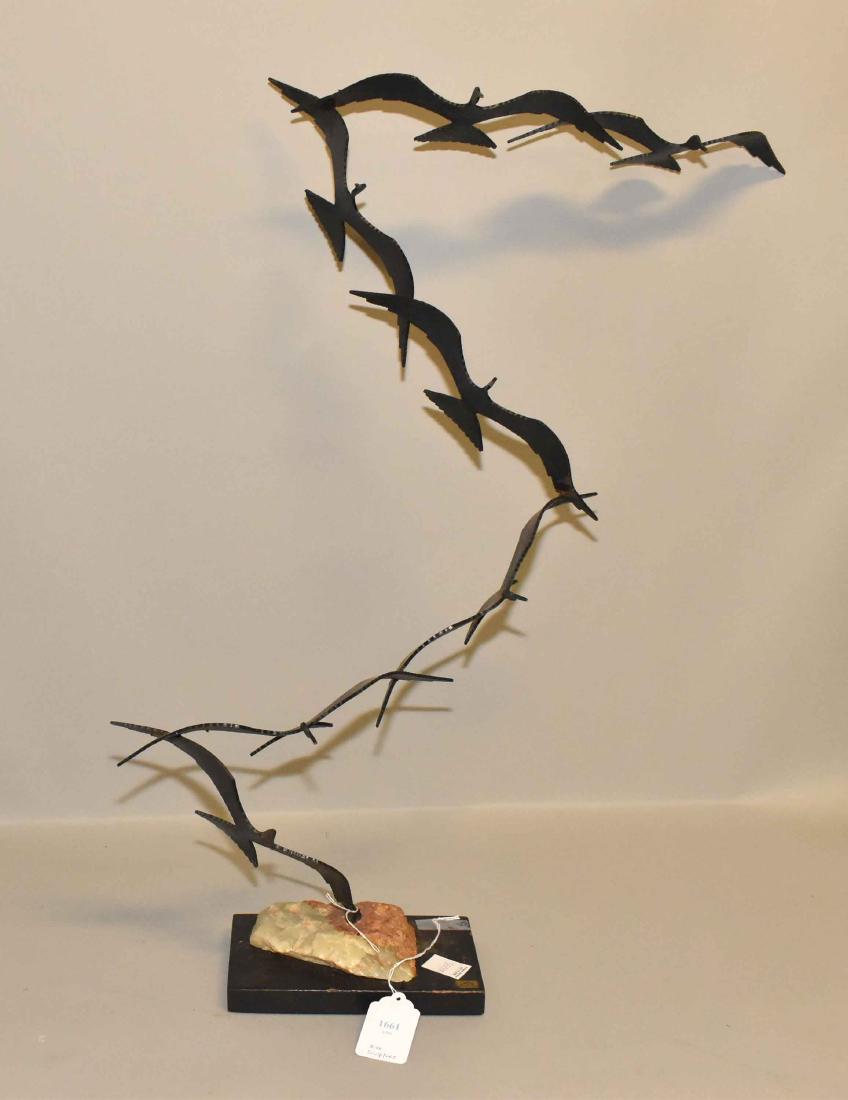 BIJAN BIRD SCULPTURE. Metal, stone and wood. 32''H x: BIJAN BIRD SCULPTURE. Metal, stone and wood. 32''H x 28''L x 10''D.