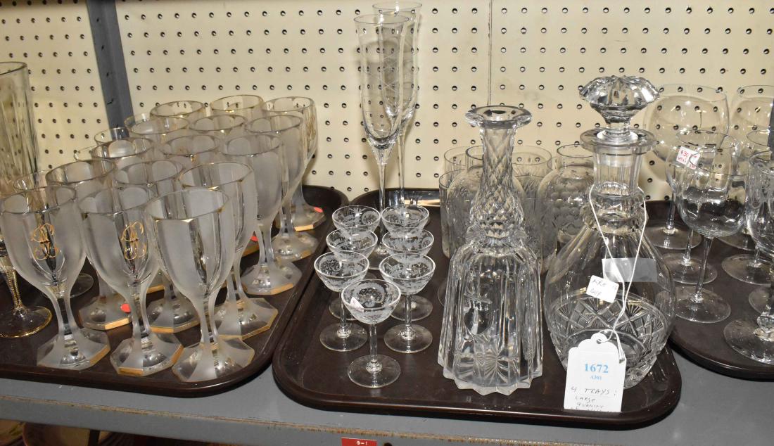 LARGE QUANTITY GLASSWARE. Consisting of: wine glasses,: LARGE QUANTITY GLASSWARE. Consisting of: wine glasses, sherries, and (2) decanters. Over (50) pieces. Largest: 11''H.
