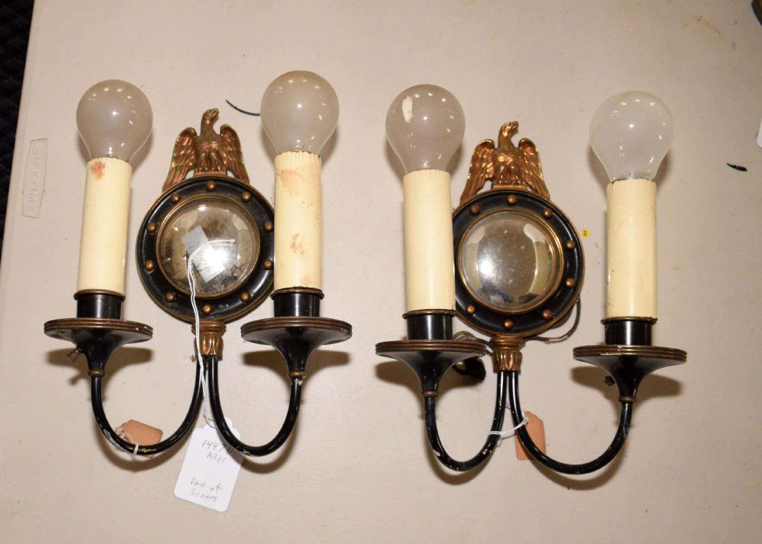 PAIR OF FEDERAL STYLE EBONIZED AND GILT-METAL TWO-LIGHT: PAIR OF FEDERAL STYLE EBONIZED AND GILT-METAL TWO-LIGHT SCONCES WITH GIRANDOLE BACKS. 12''H x 8.5''W x 6''D (each).