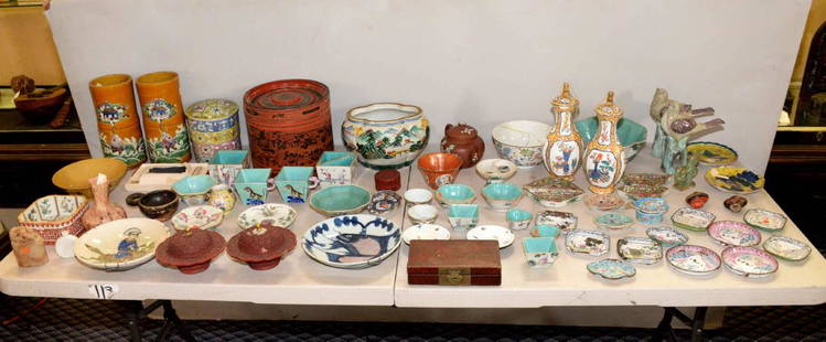 LARGE COLLECTION OF ASIAN CERAMICS AND ENAMELS.: LARGE COLLECTION OF ASIAN CERAMICS AND ENAMELS. Largest: 12''H. Condition: some with repairs, chips and breaks.