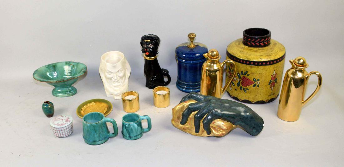 COLLECTION OF DECORATIVE OBJECTS. Includes: pottery: COLLECTION OF DECORATIVE OBJECTS. Includes: pottery vessels, figural pottery, plaster hand, poodle ceramic, etc. Largest: 13''H.