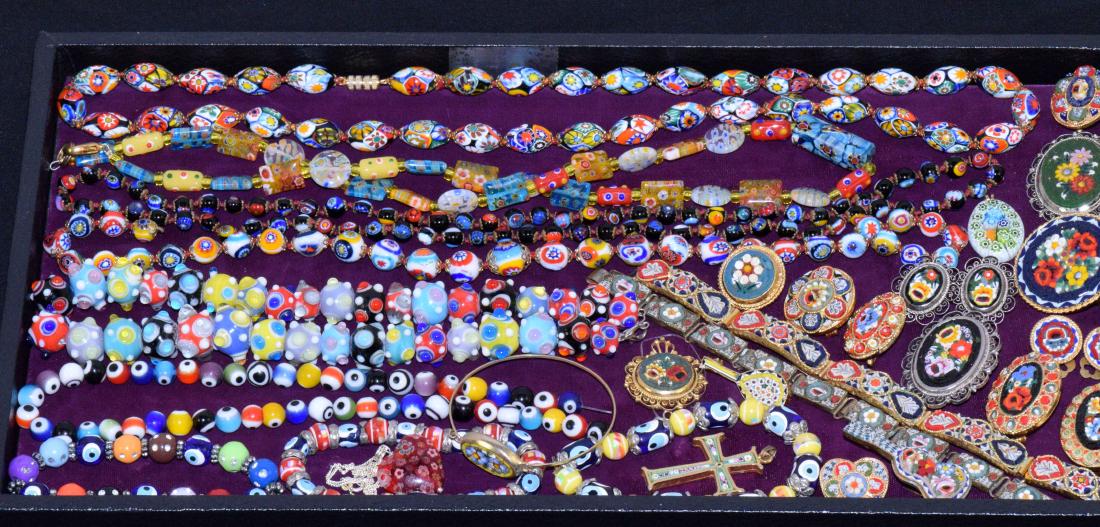 (15+) MISC. ITALIAN MILIFIORE AND MICRO MOSAIC COSTUME: (15+) MISC. ITALIAN MILIFIORE AND MICRO MOSAIC COSTUME JEWELRY. Variety includes (8) beaded art glass necklaces and bracelets, micro mosaic pins, and clip earrings.