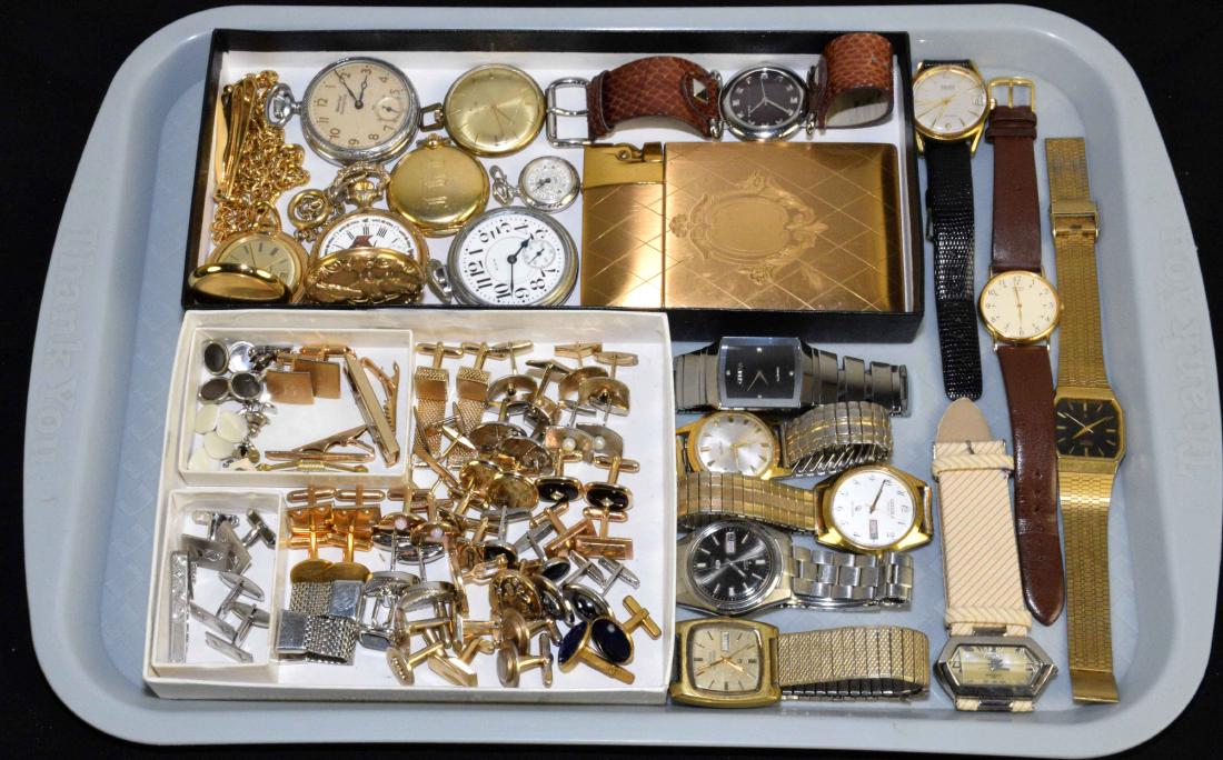 (40+) MISC. COLLECTION OF SIGNED OPEN POCKET AND WRIST: (40+) MISC. COLLECTION OF SIGNED OPEN POCKET AND WRIST WATCHES AND A VINTAGE ELGIN GOLD METAL CIGARETTE CASE/LIGHTER. Includes assorted cufflinks - (3) 925 0.8 ozt.