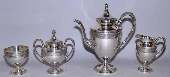 STERLING INTERNATIONAL SILVER WEDGEWOOD PATTERN TEA: STERLING INTERNATIONAL SILVER WEDGEWOOD PATTERN TEA SET. Largest: 12''H, 46.27 ozt.