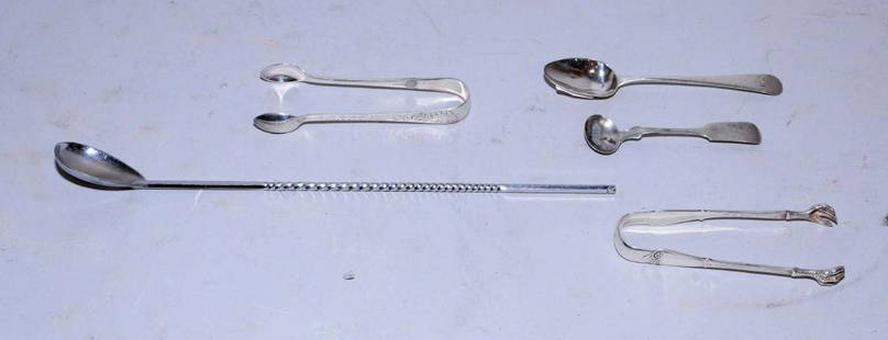 COLLECTION OF STERLING, including: sugar tongs by: COLLECTION OF STERLING, including: sugar tongs by Tiffany & Co., cased spoon and fork, baby spoon with English hallmarks and others. 2.37 ozt.