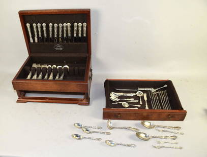 GORHAM STERLING FLATWARE, (28) forks, (30) spoons, (12): GORHAM STERLING FLATWARE, (28) forks, (30) spoons, (12) knives, (8) service pieces and (14) knives with sterling handles not weighed and (2) serving pieces (non-sterling). All in wooden case. 97.66