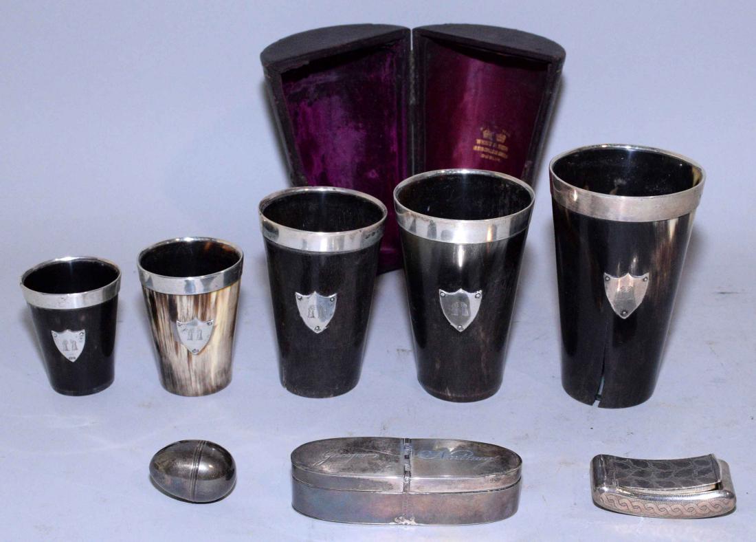 A GROUP OF EIGHT ENGLISH STERLING SMALL ARTICLES.: A GROUP OF EIGHT ENGLISH STERLING SMALL ARTICLES. Mid-18th/early 19th Century and later. Including: an egg-form nutmeg grater. An oval nutmeg and ginger grater. A late Georgian concave, rectangular pa