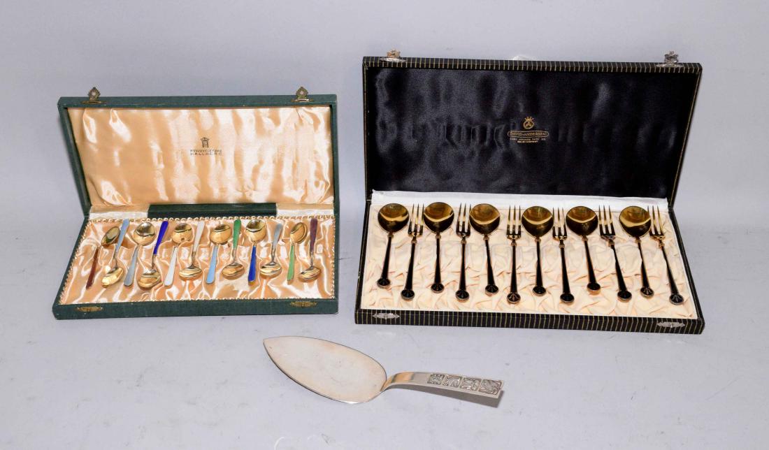 DAVID ANDERSEN, NORWAY, Sterling cake server and David: DAVID ANDERSEN, NORWAY, Sterling cake server and David Anderson, cased gold-plated sterling and enameled demitasse spoons and forks (six pieces of each) and set of twelve sterling enameled spoons hall