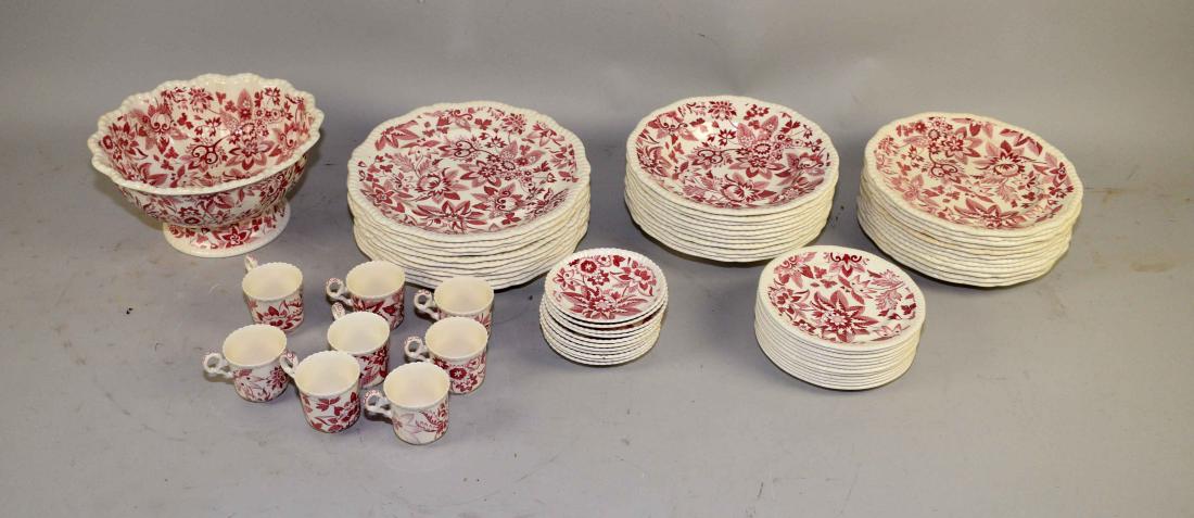 AN ENGLISH (COPELAND SPODE) PRINTED CREAMWARE PART: AN ENGLISH (COPELAND SPODE) PRINTED CREAMWARE PART TABLE SERVICE. 20th Century. Each printed in iron-red with stylized tobacco leaves and blossoms, including: eleven dinner plates, 10 3/4 in. diameter