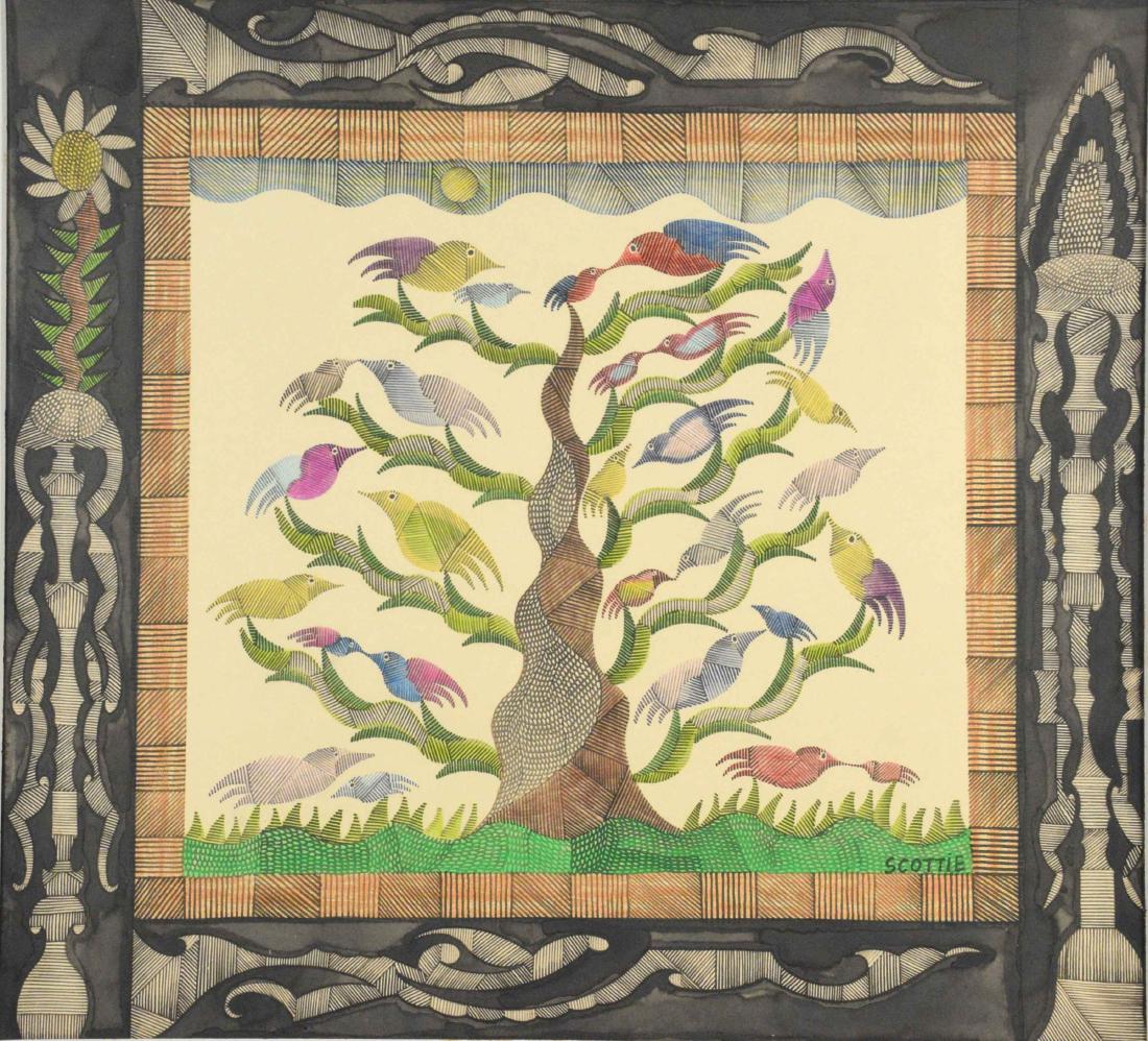 SCOTTIE WILSON (1889-1972). Birds on a Tree. Signed: SCOTTIE WILSON (1889-1972). Birds on a Tree. Signed 'Scottie' (lower right). Ink on paper. 19x 21 in.