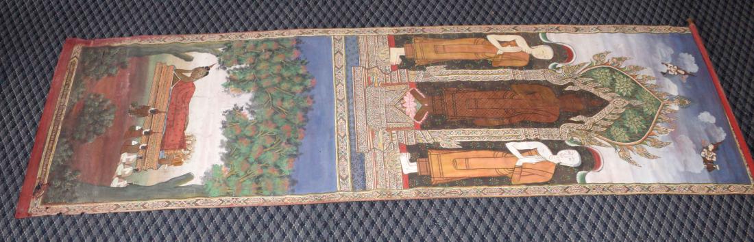 A WATERCOLOR PAINTING OF A RECLINING BUDDHA WITH: A WATERCOLOR PAINTING OF A RECLINING BUDDHA WITH WORSHIPPERS. Artist unknown (19th Century). 36 x 80 in.