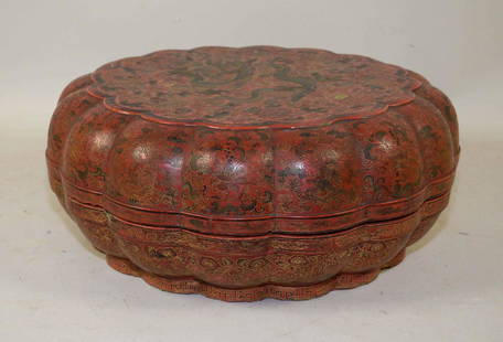 A CINNABAR LACQUER LOBED CIRCULAR BOX AND COVER, 7 1/4: A CINNABAR LACQUER LOBED CIRCULAR BOX AND COVER, 7 1/4 in. high, 18 in. diameter.