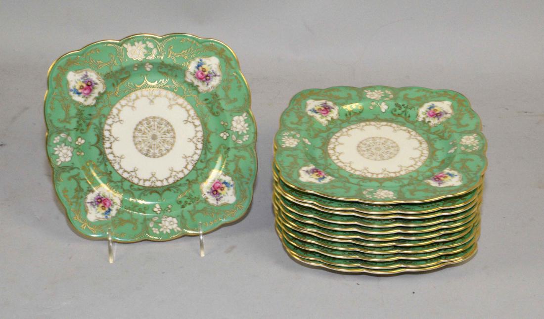 TWELVE BAVARIAN (ROYAL BAYREUTH), apple green-ground: TWELVE BAVARIAN (ROYAL BAYREUTH), apple green-ground shaped square plates, 8 3/4 in. long (each).