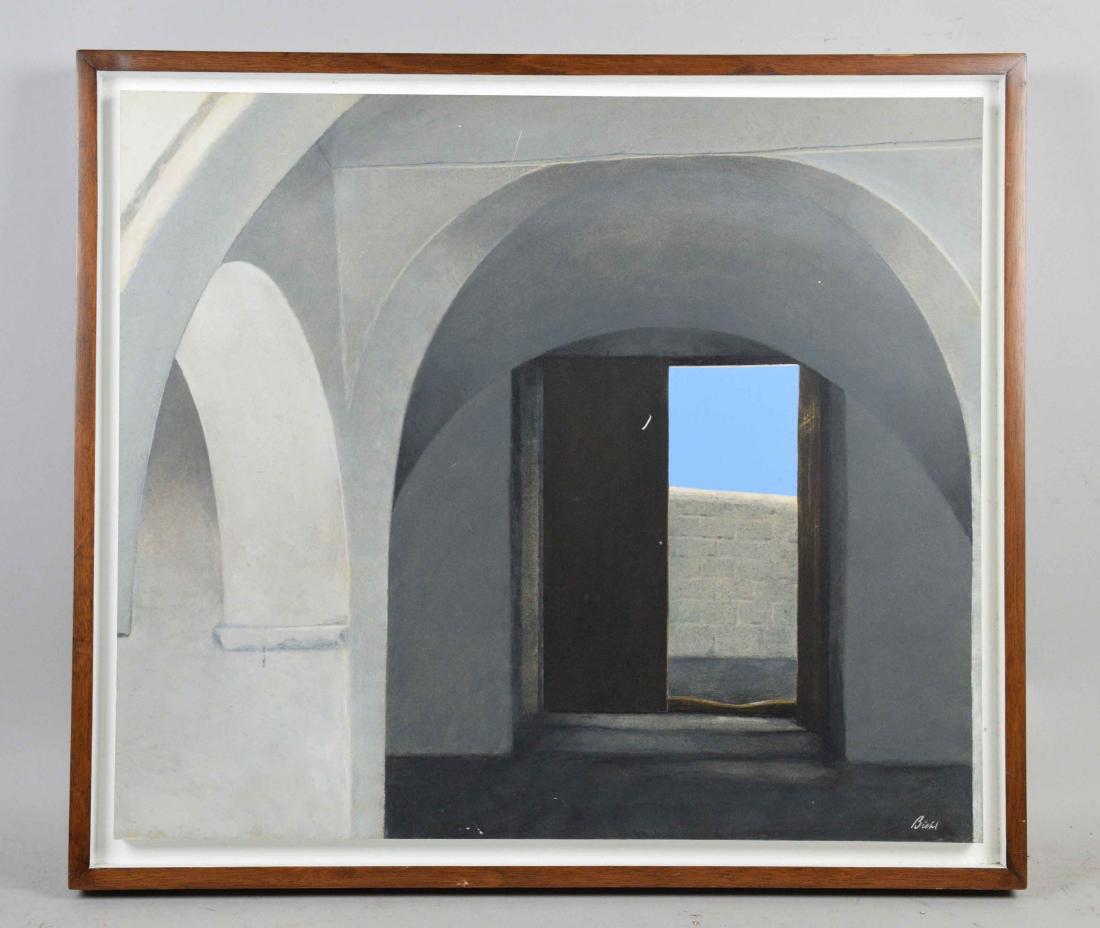 ARTHUR BIEHL PAINTING, ''Chapel at Hydra'', acrylic on: ARTHUR BIEHL PAINTING, ''Chapel at Hydra'', acrylic on panel, 19.5''H x 22.5''W. Signed lower right. Provenance: Westinghouse Electric Corp., Pittsburgh, PA.
