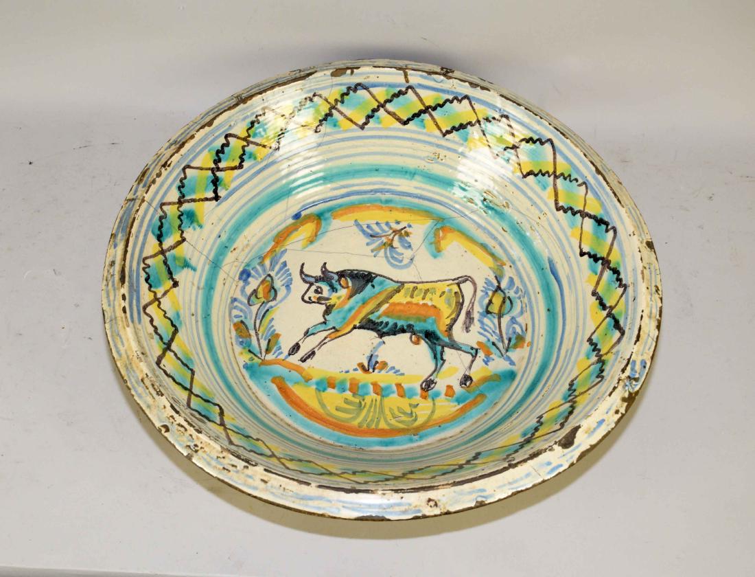 ANTIQUE SPANISH MAJOLICA BOWL. 27'' diameter.: ANTIQUE SPANISH MAJOLICA BOWL. 27'' diameter. Condition: hairlines.