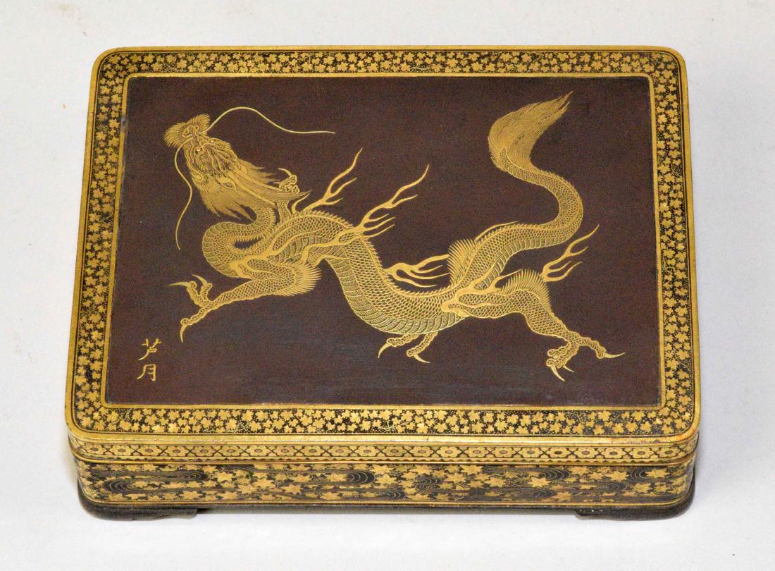 JAPANESE MIXED METAL BOX. Meiji Period, with gold work: JAPANESE MIXED METAL BOX. Meiji Period, with gold work of dragon. 1.5''H x 5.5''W x 4.25''D. Signed on front with chop marks.