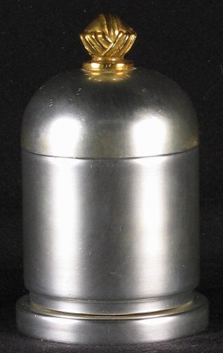 KENSINGTON WARE DOME BOX. 1934-1935. Art Deco alu: KENSINGTON WARE DOME BOX. 1934-1935. Art Deco aluminum and brass ''Dome Cigarette Box'' cat. no. 7540. Designed by Lurelle Guild. Patent applied for 10-11-1934, patent issued 1-8-1935. Early mark. Mar