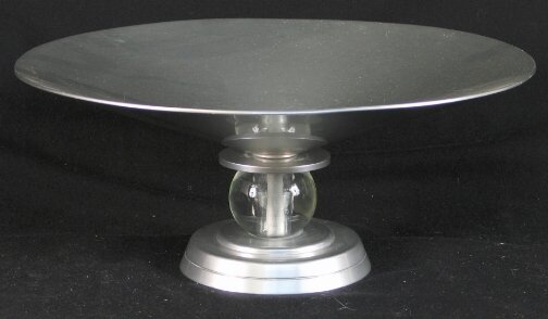 KENSINGTON WARE STRATFORD COMPOTE. c. 1934-35. De: KENSINGTON WARE STRATFORD COMPOTE. c. 1934-35. Designed by Lurelle Guild. Glass ball decoration. Cat. No. 7411. Marked: stag head, shield and script mark. Size: 13.5'' d. x 6'' h. Condition: shows wea