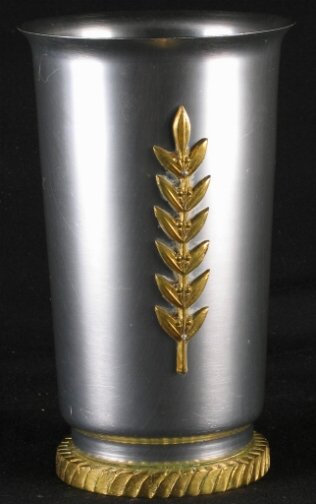 KENSINGTON WARE LAUREL VASE 9''. Art Deco aluminu: KENSINGTON WARE LAUREL VASE 9''. Art Deco aluminum and brass ''Laurel Vase'' cat. no. 7028. Designed by Lurelle Guild, patent applied for 11-11-1934, patent issued 5-7-1935. Brass laurel branch decora