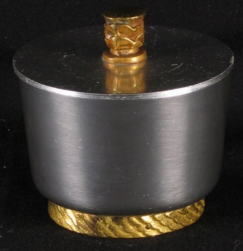 KENSINGTON HEATHERTON BOWL. 1935. Art Deco Kensin: KENSINGTON HEATHERTON BOWL. 1935. Art Deco Kensington Ware aluminum and brass ''Heatherton Covered Bowl'' cat. no. 7492. Designed by Lurelle Guild, straight sides. Early mark. Marked: stag head and sh