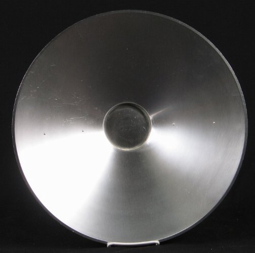 KENSINGTON WARE LAUREL BOWL. 1934-1935. Art Deco: KENSINGTON WARE LAUREL BOWL. 1934-1935. Art Deco aluminum and brass ''Laurel Bowl'' cat. no. 7412. Designed by Lurelle Guild, patent applied for 10-11-1934, patent issued 1-1-1935. Decorated with two