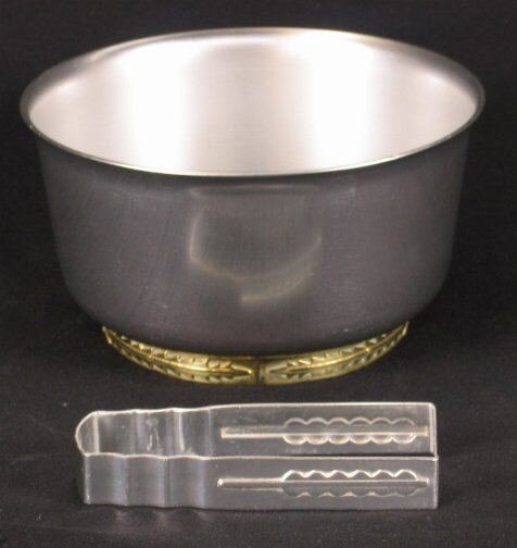 KENSINGTON WARE COLDCHESTER ICE BOWL & TONGS. Art: KENSINGTON WARE COLDCHESTER ICE BOWL & TONGS. Art Deco aluminum and brass ''Coldchester ice bowl'' cat. no. 7246 and aluminum ''Coldchester ice tongs'' cat. no. 7247. Designed by Lurelle Guild. Ice bo