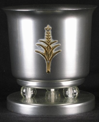 KENSINGTON WARE FOLKESTONE BOWL. 1934-1935. Art D: KENSINGTON WARE FOLKESTONE BOWL. 1934-1935. Art Deco aluminum, brass and glass ''Folkestone Bowl'' cat. no. 7413. Designed by Lurelle Guild. Aluminum body with brass decoration and three glass ball fe