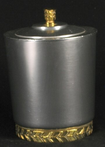 KENSINGTON CHARLESTON TOBACCO JAR. Art Deco Kensi: KENSINGTON CHARLESTON TOBACCO JAR. Art Deco Kensington Ware aluminum and brass ''Charleston Tobacco Jar'' cat. no. 7691. Designed by Lurelle Guild. Brass knob with ringed body decoration, interior spo